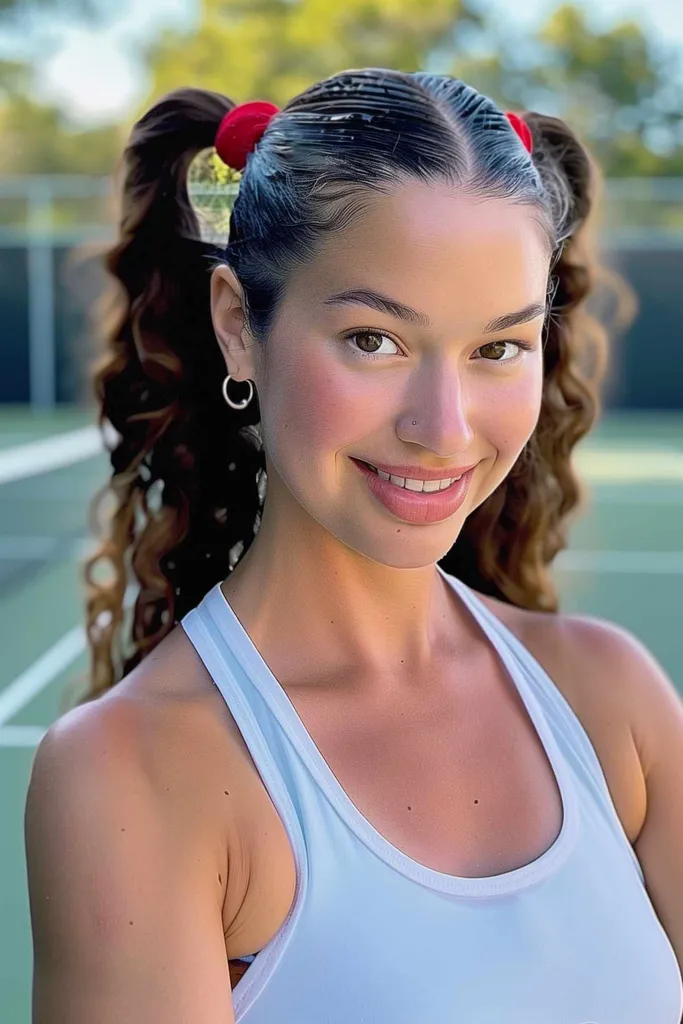 צמות שובבות לשיער מתולתל עם קראנצ'ים אדומים על מגרש הטניס' title=