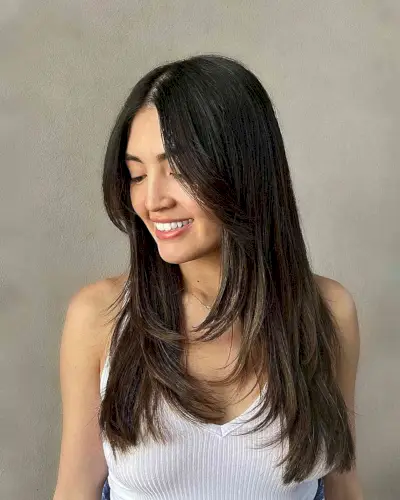 Chest-Length Brunette Straight Hair with Butterfly Layers and Middle Part