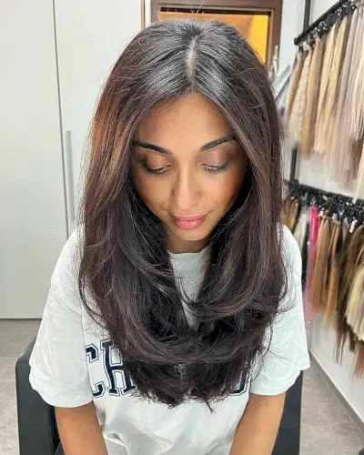 Middle-Parted Butterfly Cut for Chest-Length Dark hair