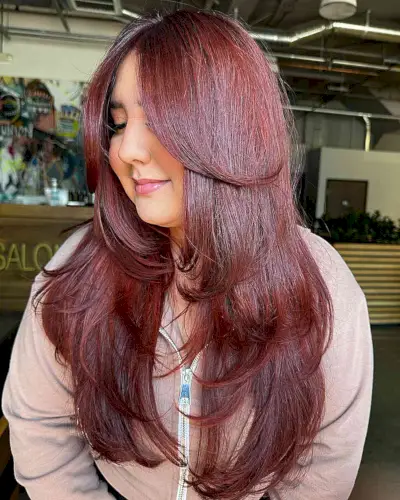 Burgundy Red Fine Hair with Long-Length Butterfly Layered Cut