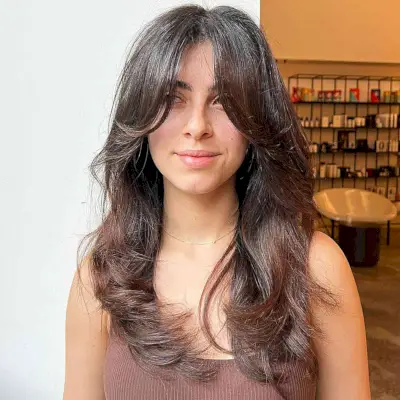 Face-Framing Butterfly Cut with Flipped Ends for Chest-Length Brunette Hair