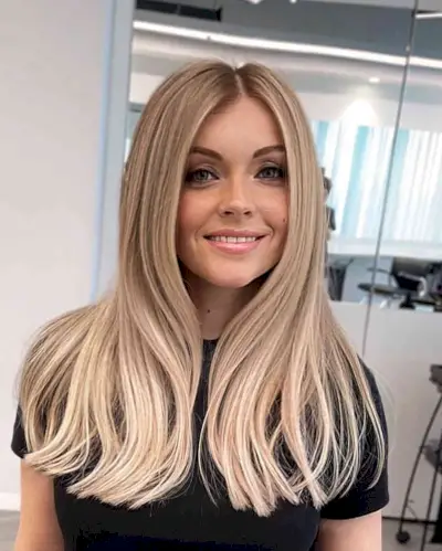 Creamy Blonde Middle-Parted Hair on women with long hair and blunt ends