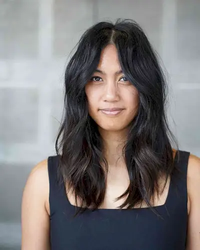 70s-Inspired Modern Shag with a Center Part on mid-length Asian hair