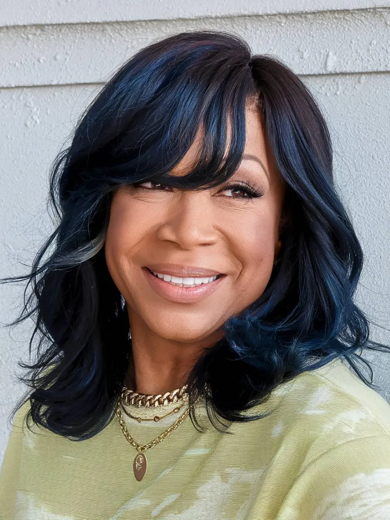 Frisure i mellemlag med marineblå highlights' title=