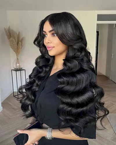 Center-Parted Luscious Black Hollywood Waves for Very Long Hair