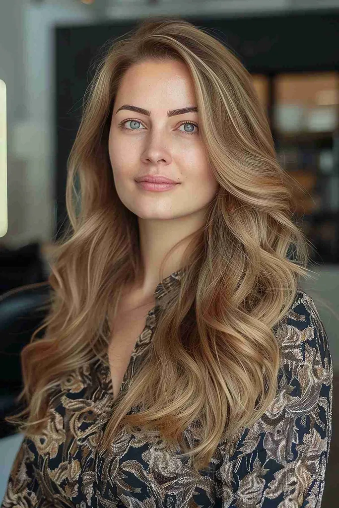 Femeie cu păr stratificat, coafat în valuri moi, realizat printr-o permanentă digitală' title=