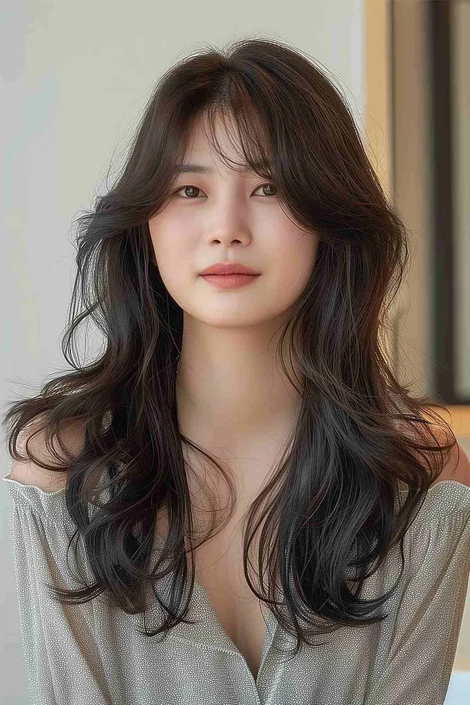 Femeie cu păr de lungime medie, coafată în valuri moi, cu breton de perdea realizat printr-o permanentă digitală' title=