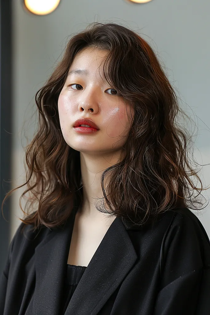 Femeie cu păr de lungime medie, coafată în valuri naturale moi, realizate printr-o permanentă digitală coreeană' title=