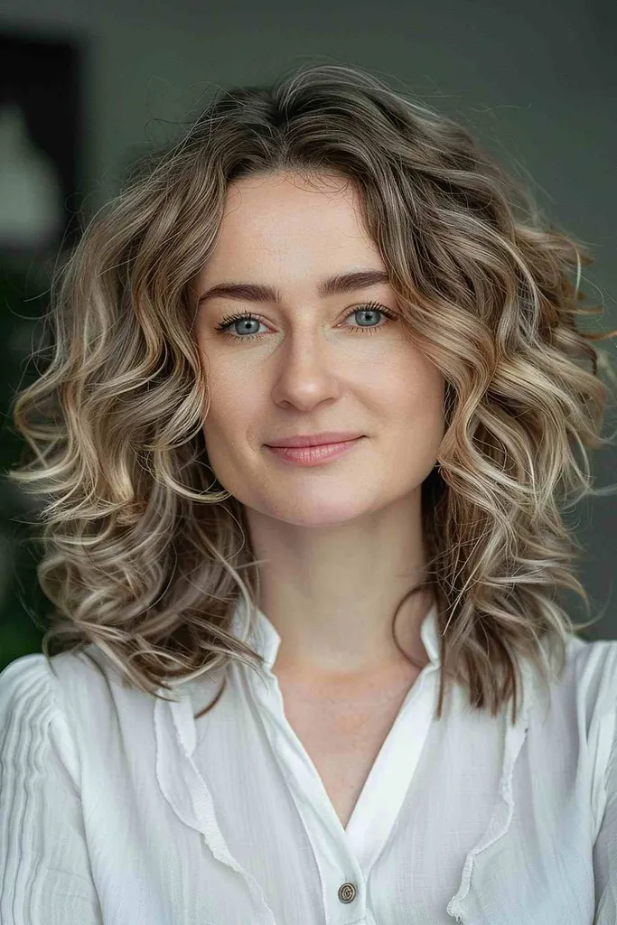 Femeie cu părul până la umeri, coafat în bucle voluminoase realizate printr-o permanentă digitală' title=