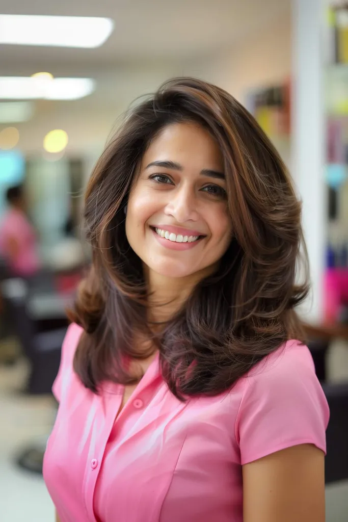 Srednje dolga večplastna Sahag frizura z naravno teksturo za srednje goste do goste lase.' title=