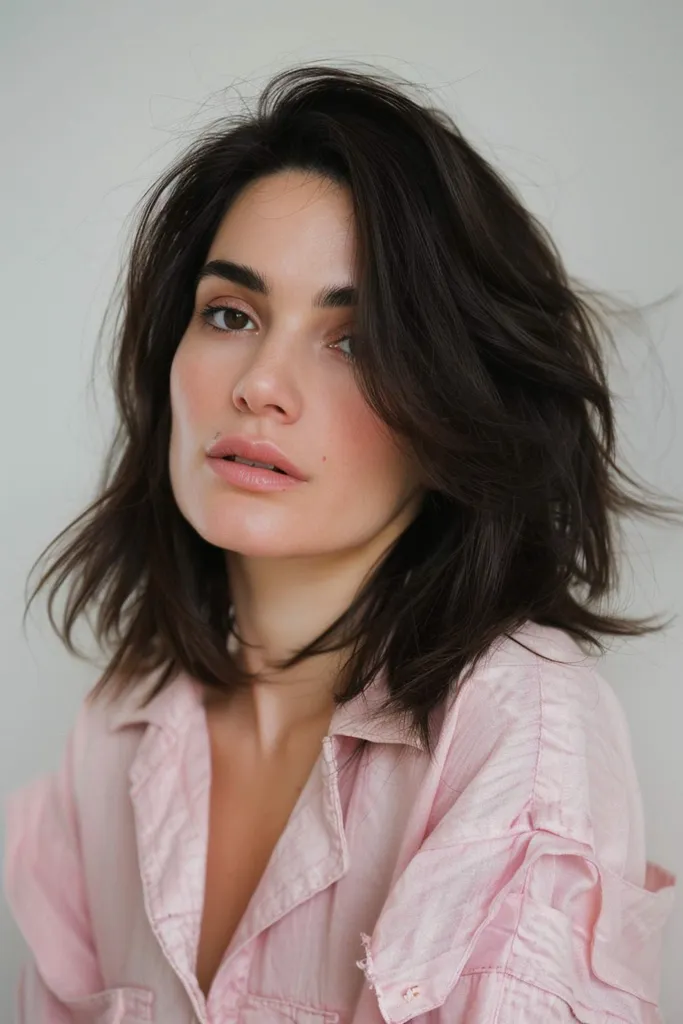 Srednje dolg Sahag prirezek s stransko pokritim šiškom in plastmi za volumen in teksturo.' title=