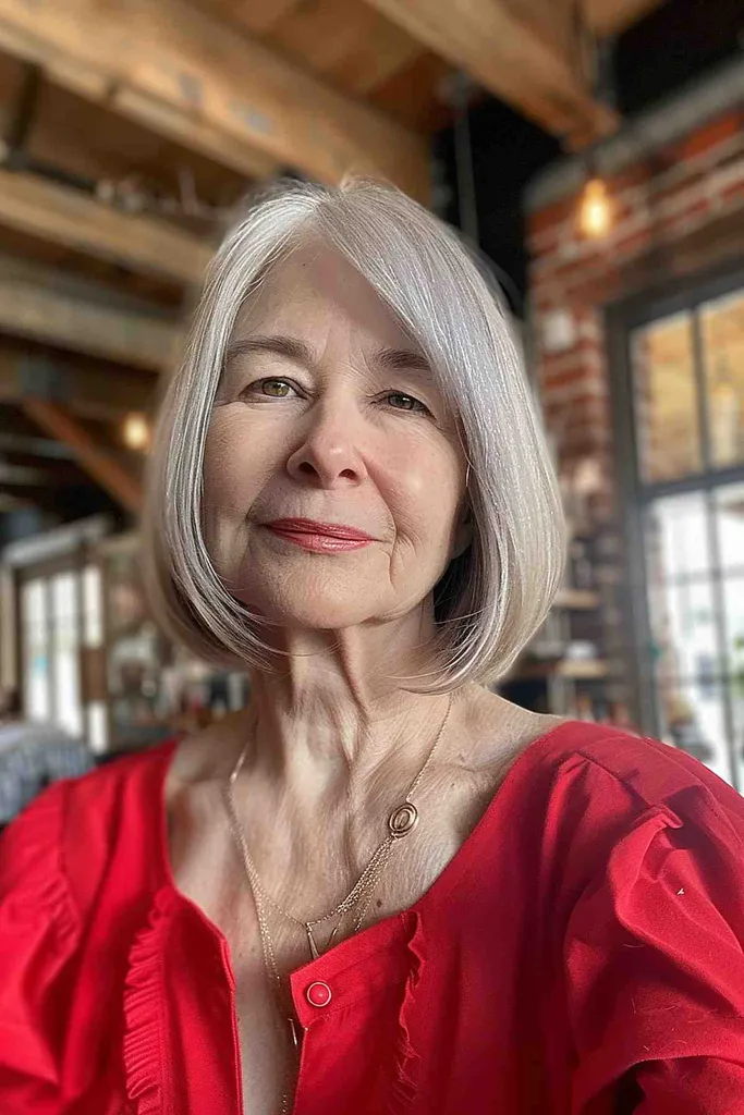 Elegante mujer mayor con elegante peinado Bob plateado' title=