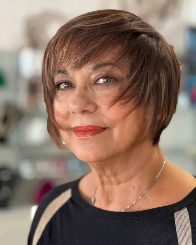 Brown Balayage on a Brushed-Forward Cut for Old Ladies with Thin Hair