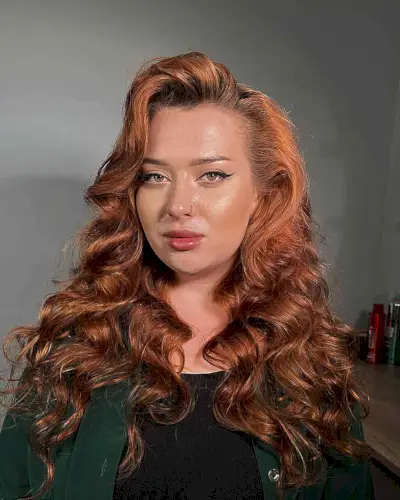 80s Long Ginger Soft Curls with Deep Side Part