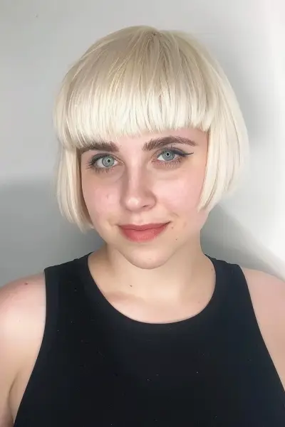 Platinum blonde textured bob with blunt bangs inspired by 1920s fashion