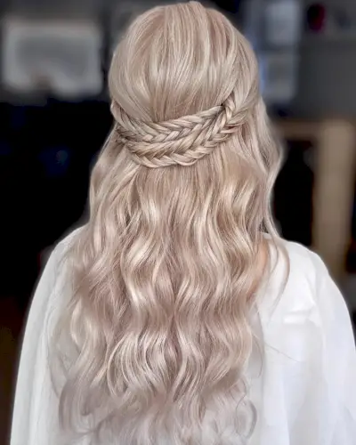 Half up half down beach waves with a braid