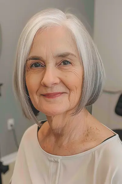 One-length bob short cut for women over 70 with a big forehead