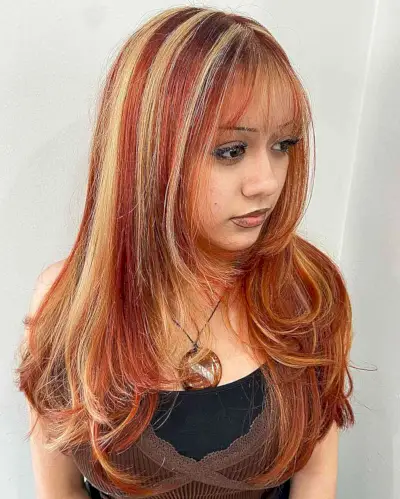 90s Vintage Copper and Blonde Chunky Highlights for Long Hair with Bangs