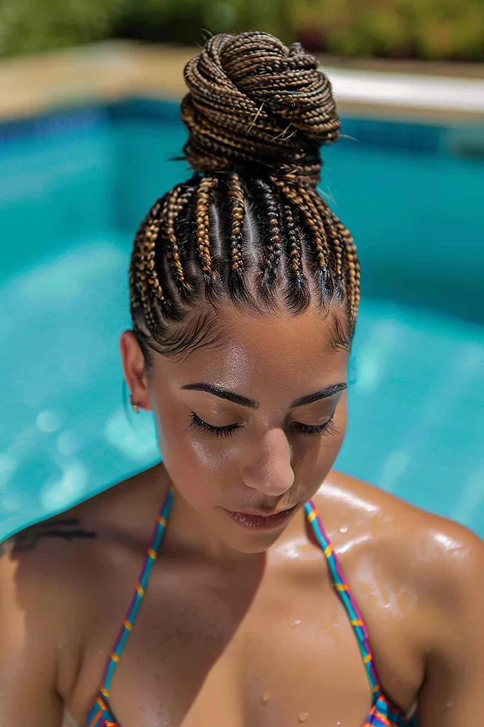 Vrouw met een hoog gevlochten knotje in een kleurrijke bikini bij het zwembad' title=