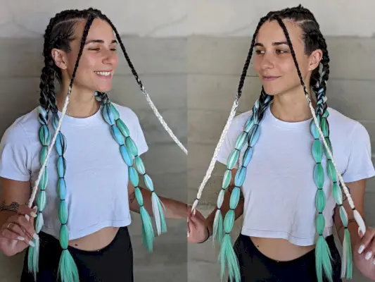 Black to Teal Rave Braids on Long Hair