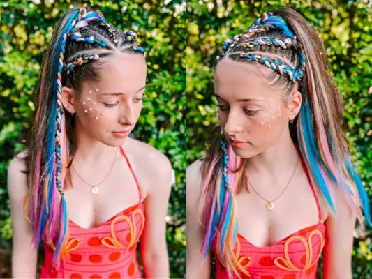 Rave Mid-Long Braided High Pony with Colored Strands