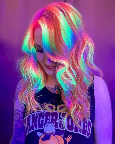 Mid-Length Wavy Rainbow Neon Hair for Rave Festivals