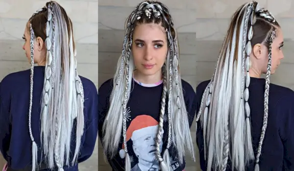 Rave High Ponytail with Silver Braids for Long Brown Hair