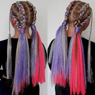 Rave Very Long Braided Low Pigtails with Purple and Pink Hair Tinsels