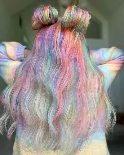 Long Rainbow Hair with Half-Up Rave Double Buns