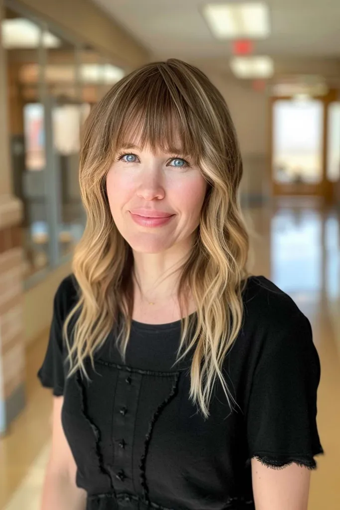 Fryzura z warstwami falistymi i grzywką dla nauczycieli' title=