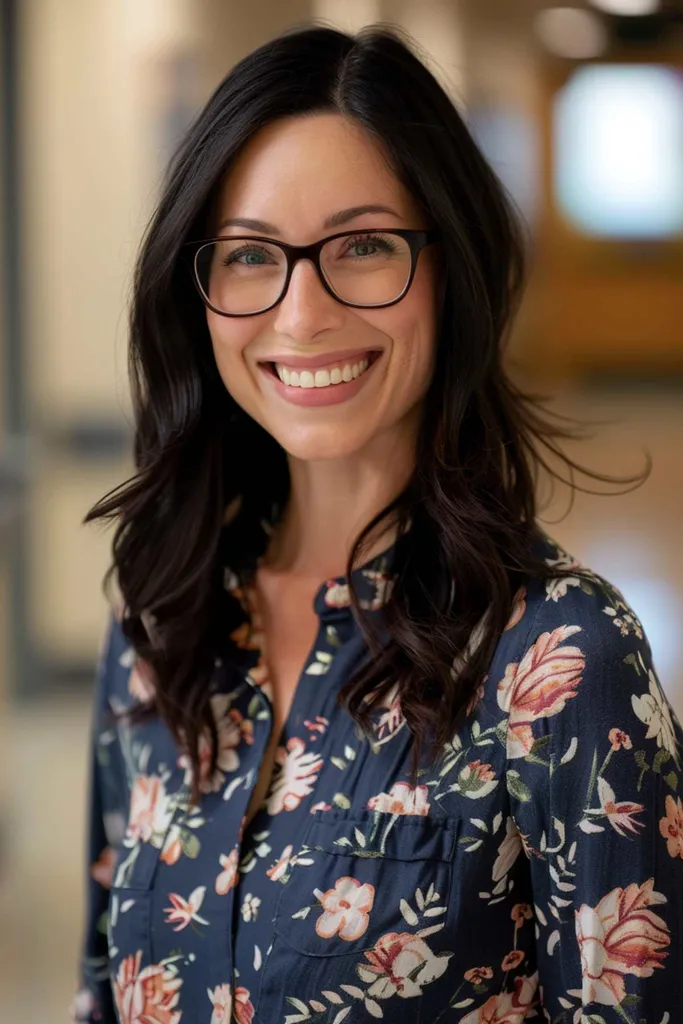 Wygodna fryzura z luźnymi falami dla nauczycieli z włosami średniej długości i przedziałkiem na boku' title=