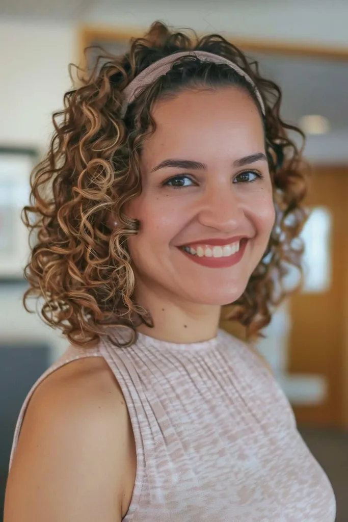 Kręcona fryzura typu bob z opaską dla nauczycieli, do ramion i obszerna' title=