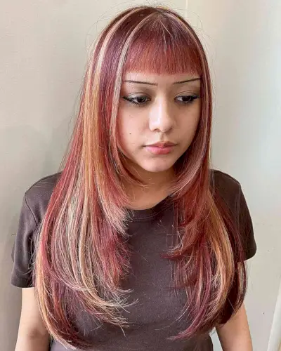 Y2K Long Straight Blonde and Burgundy Hair with Blunt Bangs and Layers