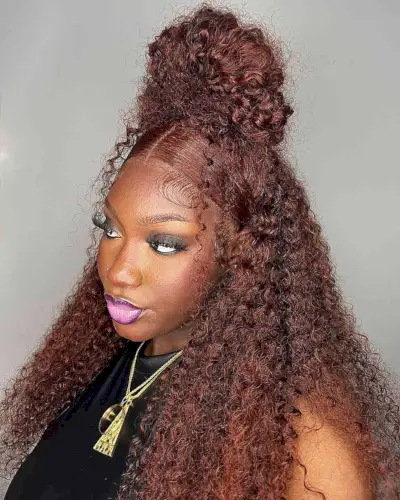 Y2K Half-Up Top Knot with Burgundy Curls for Gorgeous Black Ladies