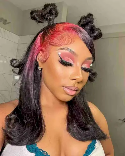 Y2K Mini Bow Buns and Flipped Ends for Black Mid-Length Hair with Pink Accent