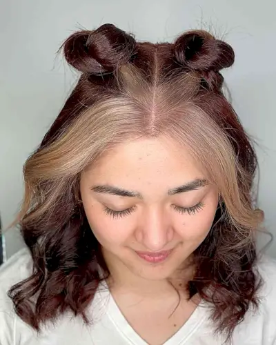 Mid-Length Wavy Hair with Y2K Space Buns and Money Pieces