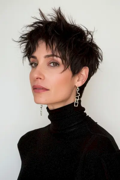 Woman with a choppy pixie cut and spiked top, short Y2K hair