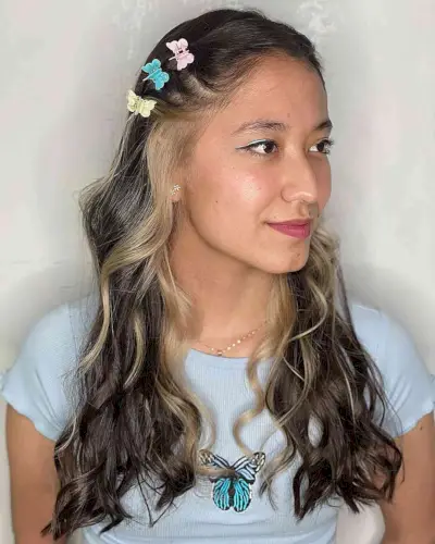 y2k Two-Toned Long Waves with Colorful Butterfly Clips for Black Hair with Blonde Hair Dye