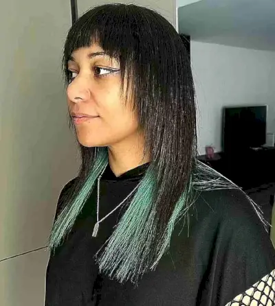 Alternative Straight Mullet with Green Underlights for Medium Hair