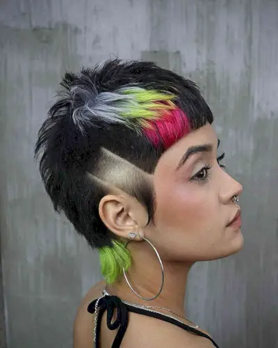 Alternative Unique Pixie Mullet with Shaved Lines and Colored Accents