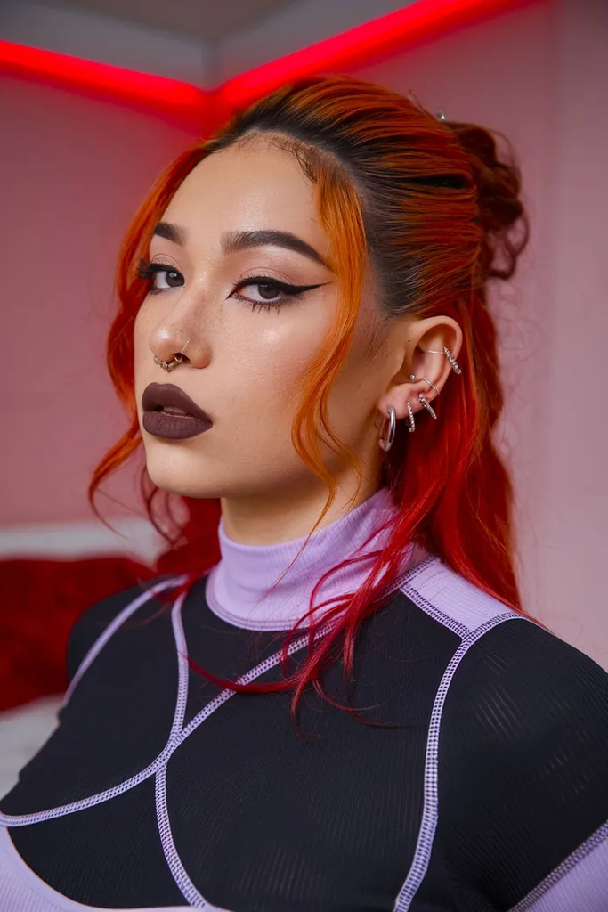 תסרוקת אימו כתומה ואדומה תוססת למחצה עם גלים קדמיים רכים וקנוקנות רפויות' title=