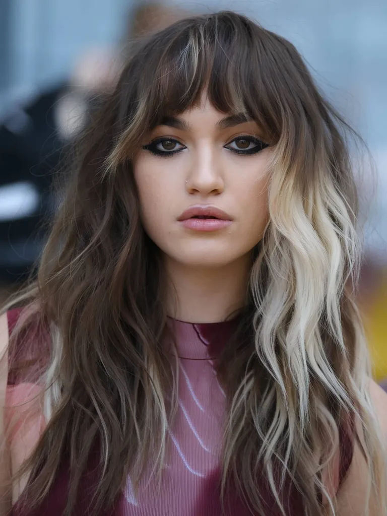 תסרוקת אימו גלית ארוכה עם פוני וילון ופסים בלונדיניים מנוגדים' title=