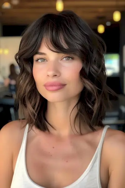 Mid-Length Wavy Bob with Bangs and Layers