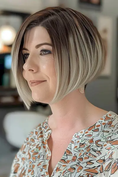 Stacked bob for women past their 30s with dark roots and lighter tips