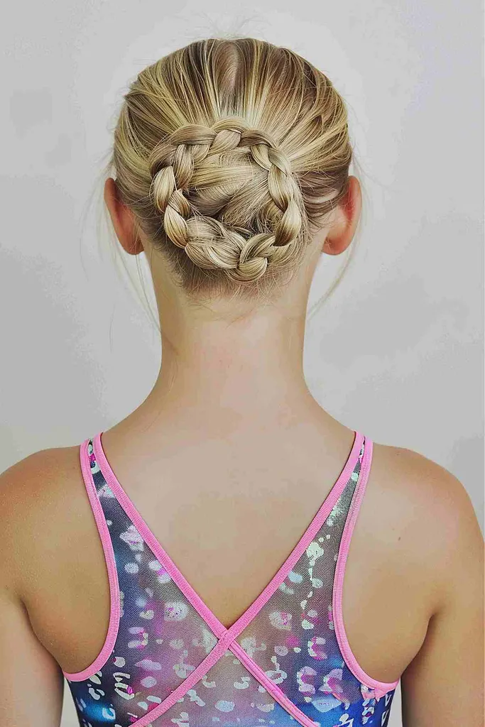 Jente med en flettet bolle iført en fargerik badedrakt' title=