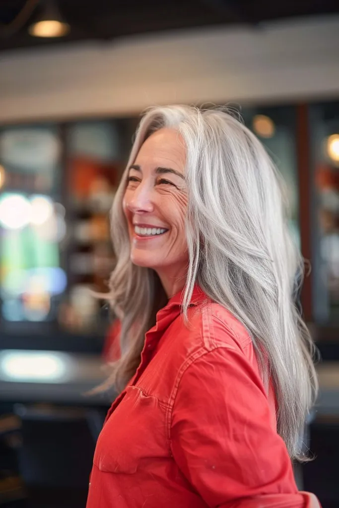 두꺼운 모발을 가진 50세 이상 여성을 위한 긴 레이어의 스트레이트 사하그 컷입니다.' title=