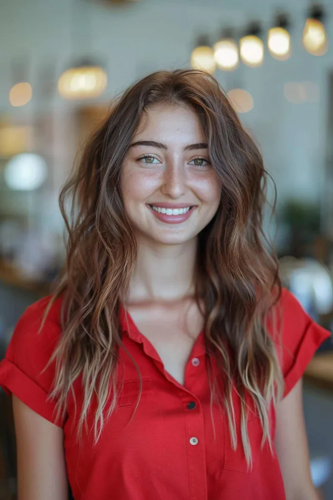 헝클어진 웨이브와 긴 레이어로 구성된 사하그 컷으로 편안한 해변 룩을 선사합니다.' title=