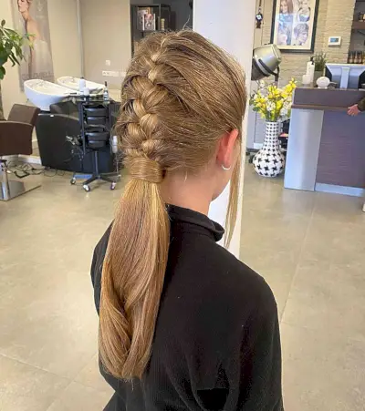 Straight Low Ponytail with French Braid for Cheerleaders