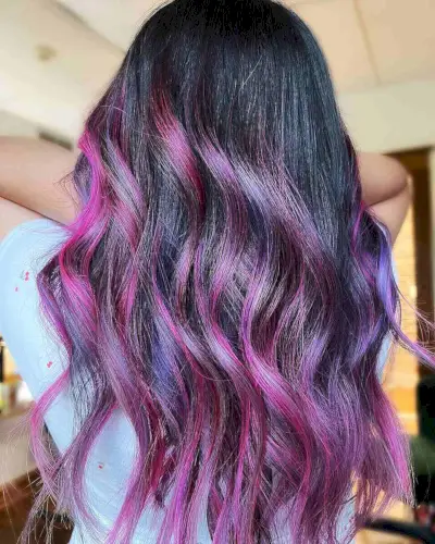 Black Hair Color with Pink and Violet Glaze for Winter
