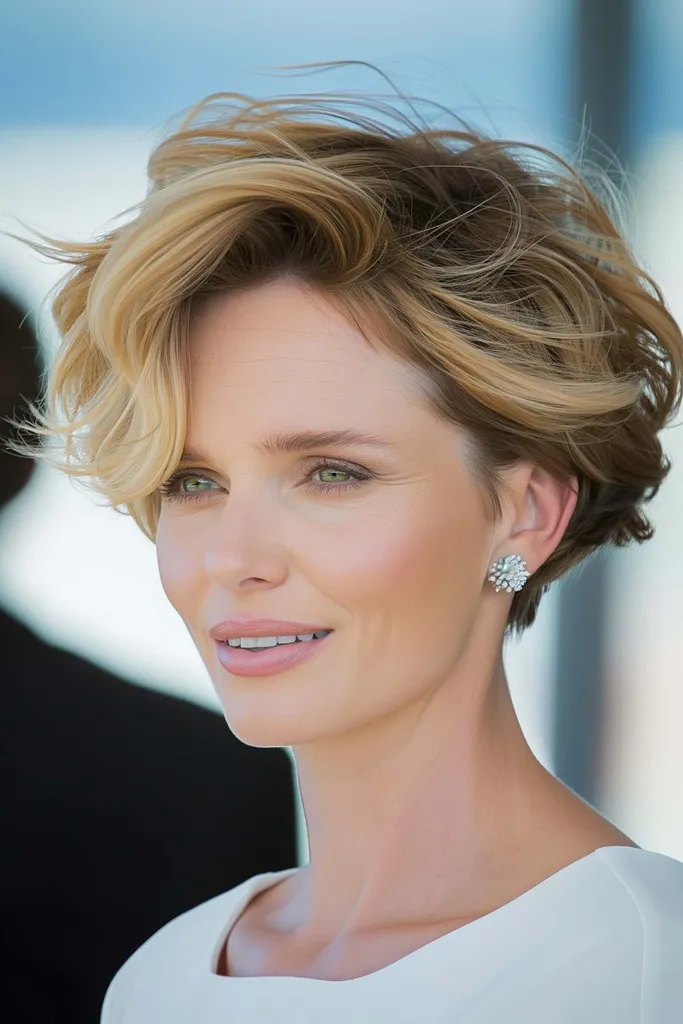 Kort warrig golvend wigvormig kapsel met zachte highlights' title=